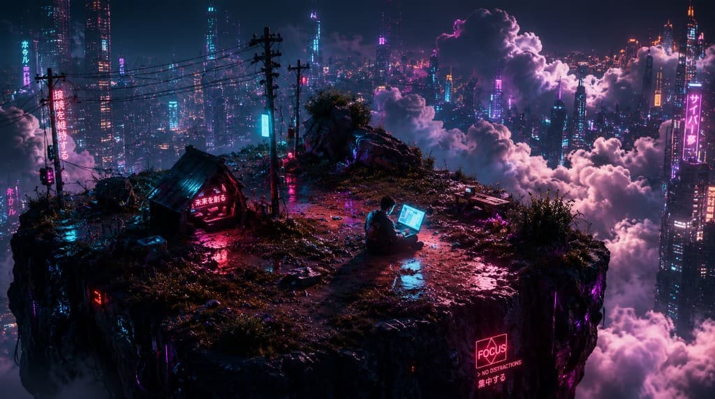 A person working on a laptop on a cliff overlooking a neon cyberpunk cityscape above the clouds at night